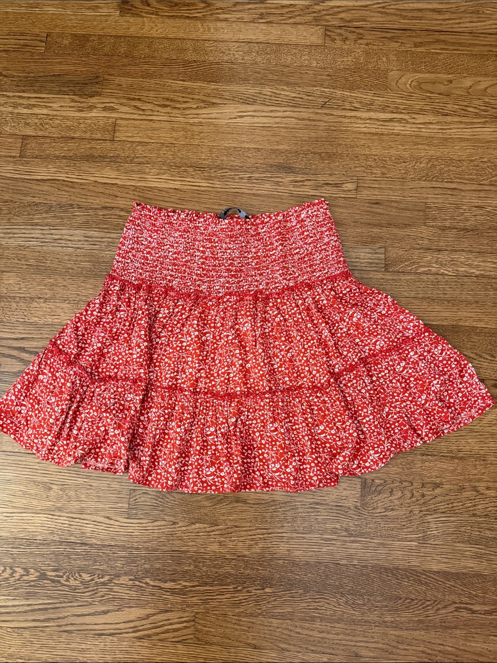 Smocked Waist Red Floral Tiered Skater Skirt